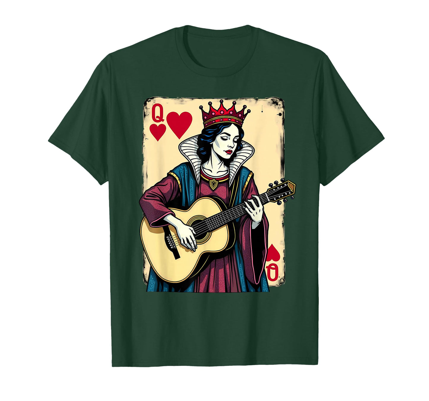 Vintage Card Game Hearts Queen Playing Guitar T-Shirt