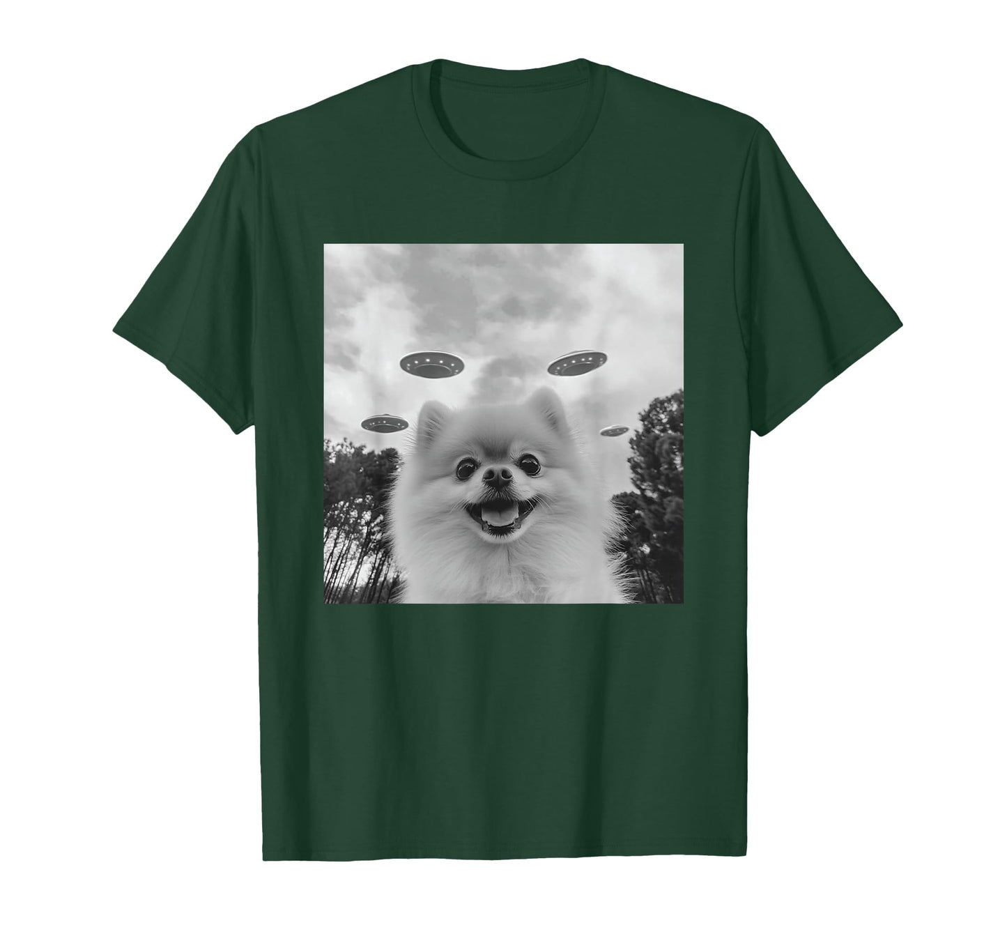 Cute Pomeranian Dog Selfie With UFO UAP Invasion Alien T-Shirt