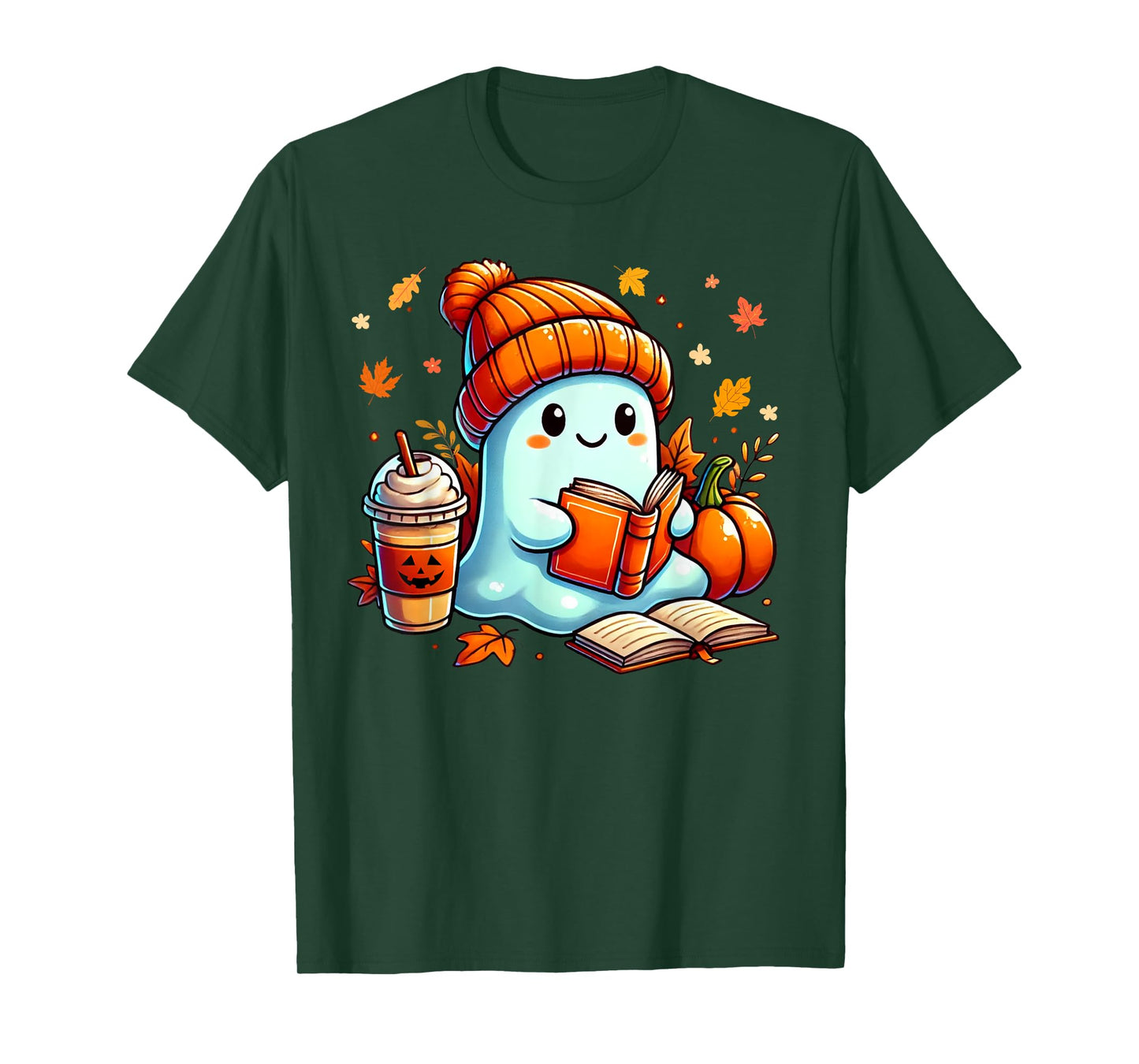 Cute Ghost Reading Book Lovers Halloween Coffee and Book T-Shirt