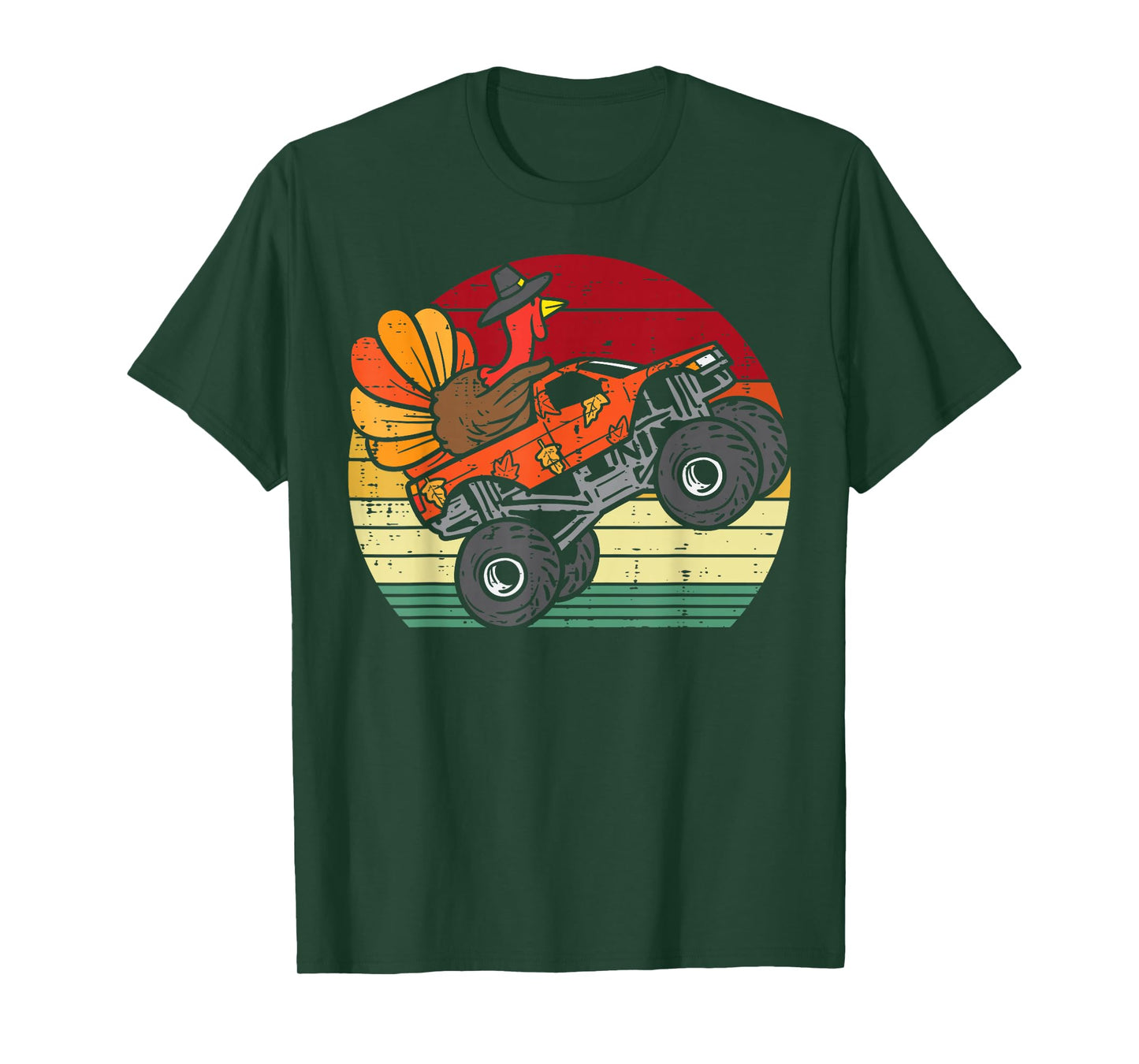 Monster Truck Turkey Sunset Retro Thanksgiving Boys Kids T-Shirt