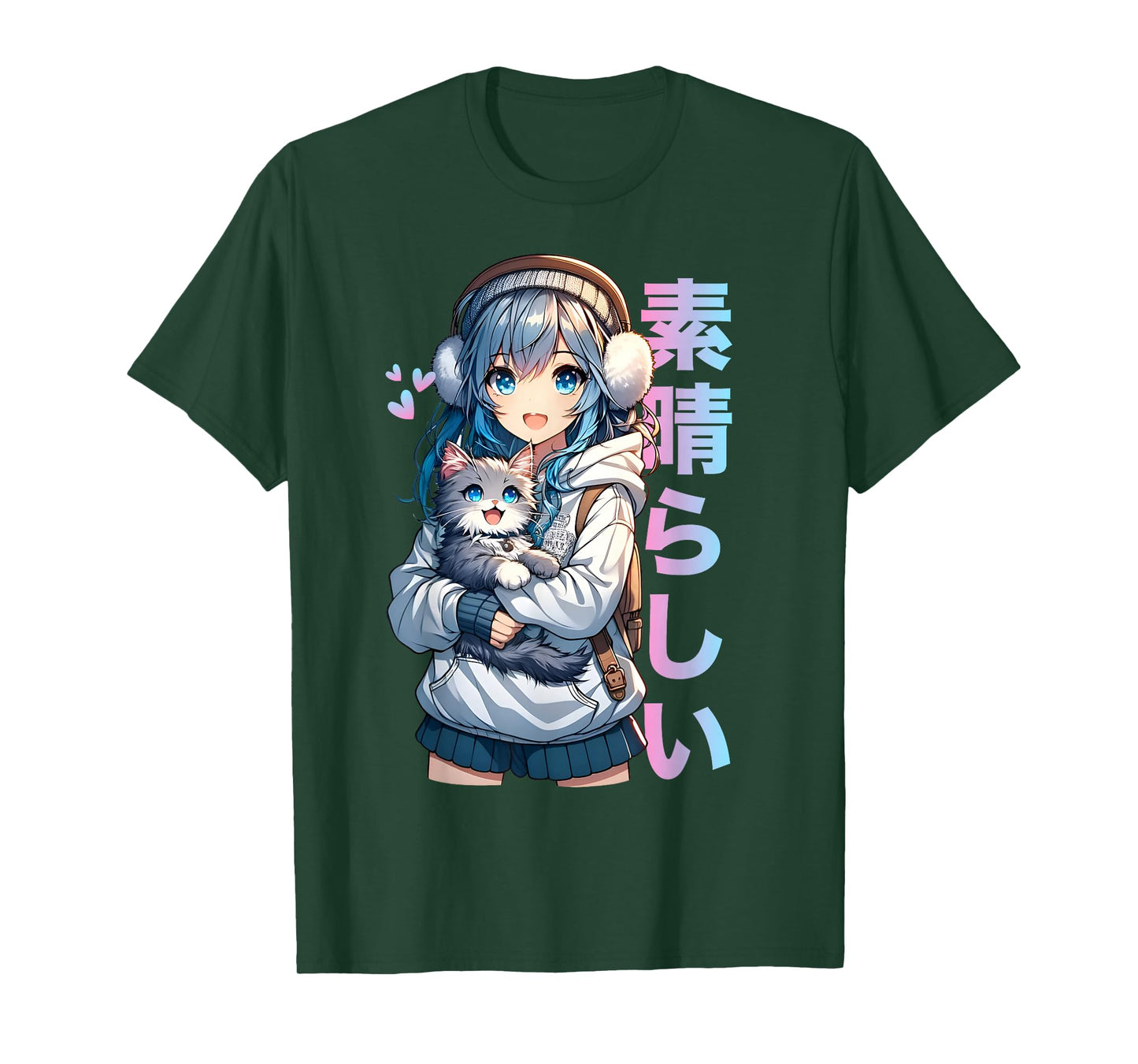 Cute Anime Girl with a Cat for Cat Lover Kawaii Otaku Manga T-Shirt