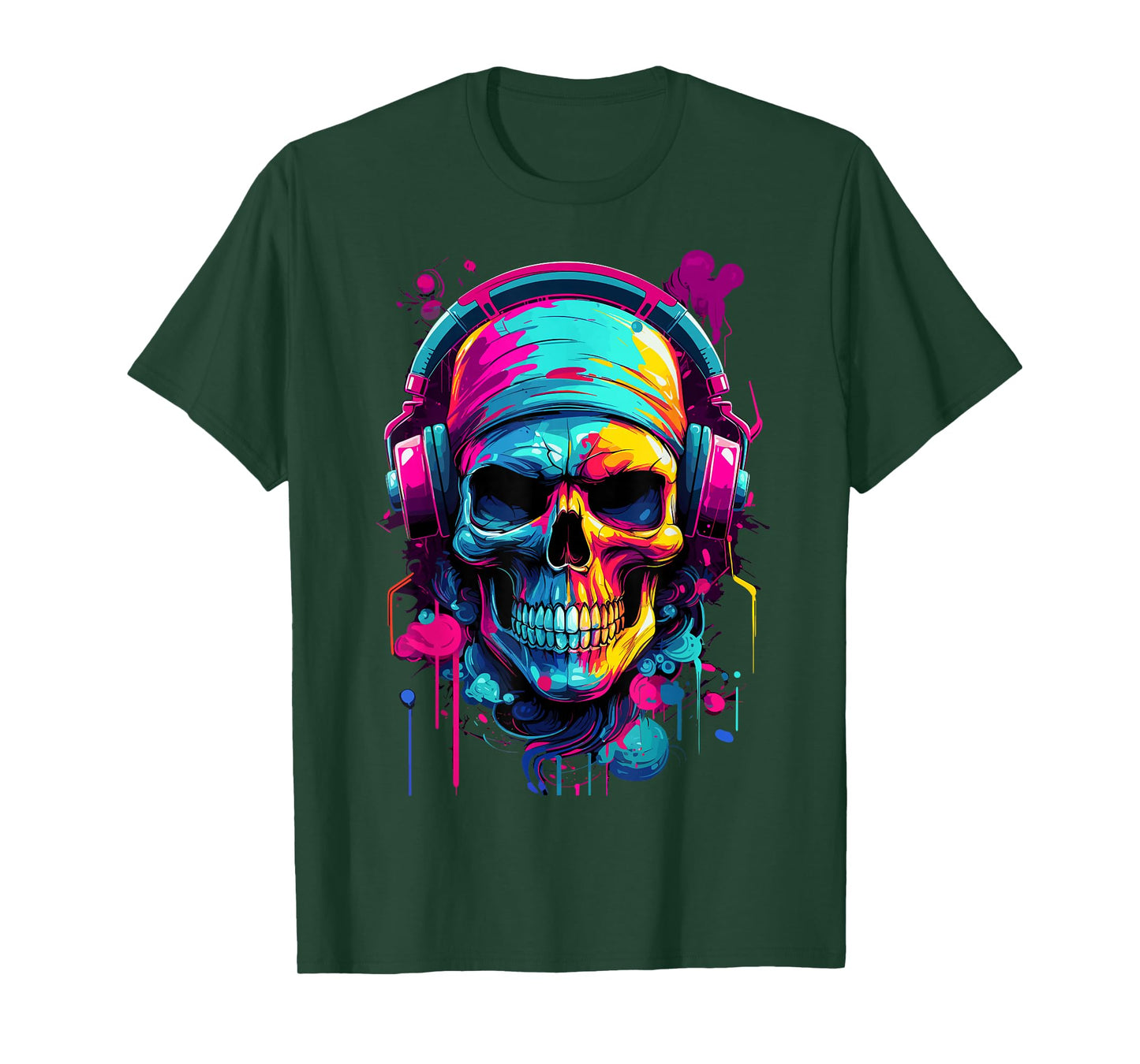 Colorful Skull With Headphones - Music Themed Horror T-Shirt
