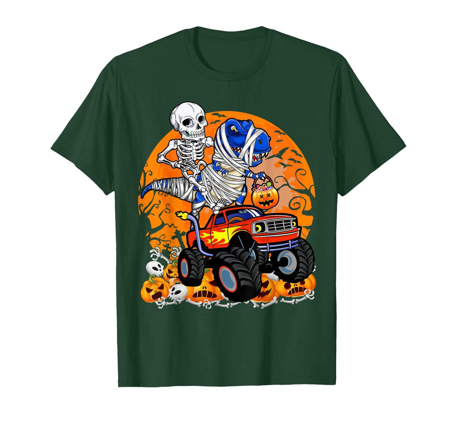 Skeleton Riding Dinosaur T-rex Mummy Monster Truck Halloween T-Shirt