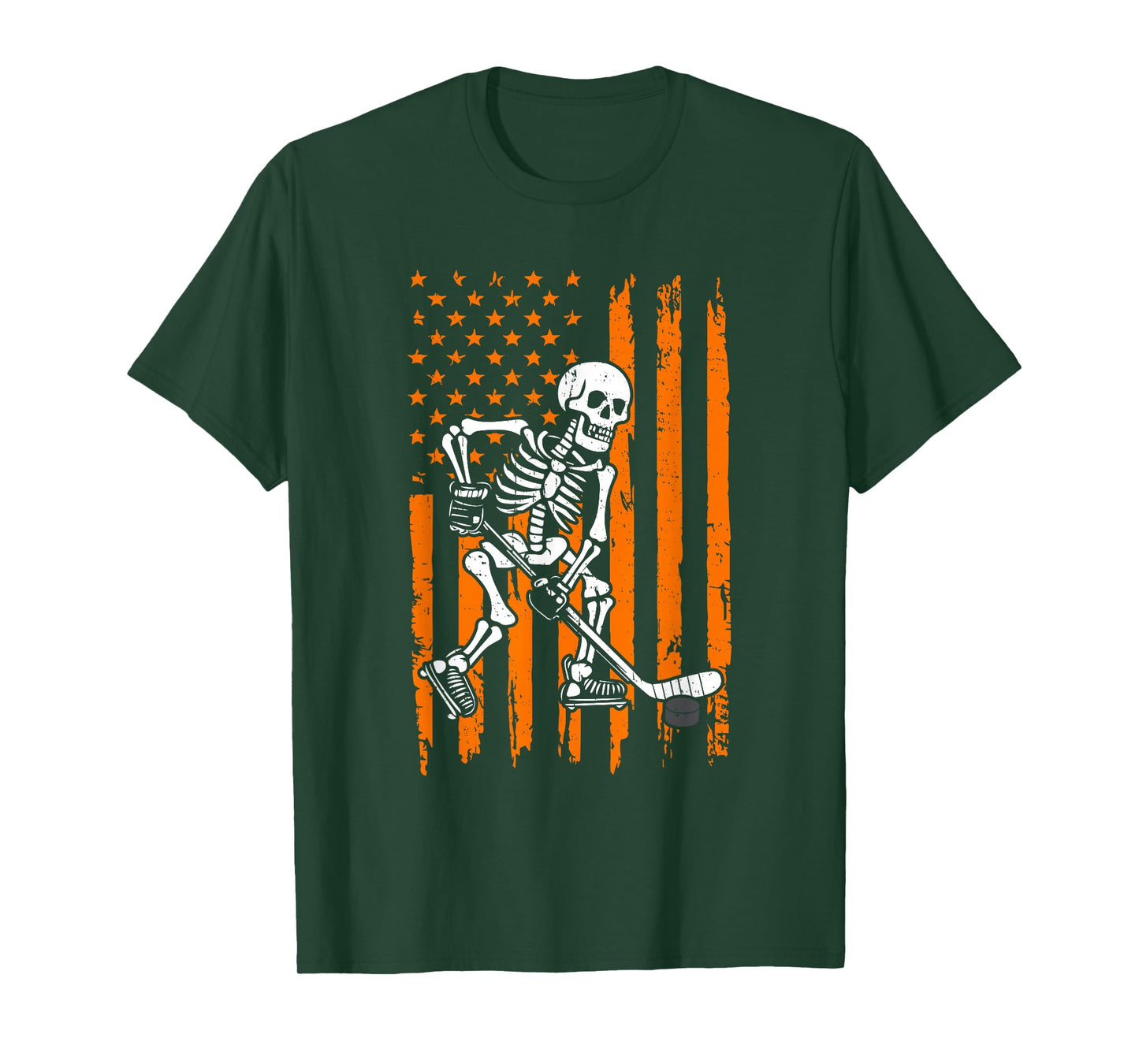 Retro Skeleton Playing Hockey USA Flag Halloween Boys Kids T-Shirt