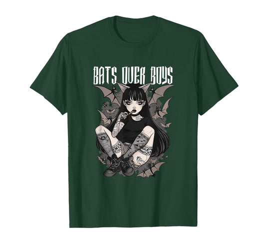 Bats Over Boys Quote Dark Aesthetic Spooky Gothic Anime Girl T-Shirt