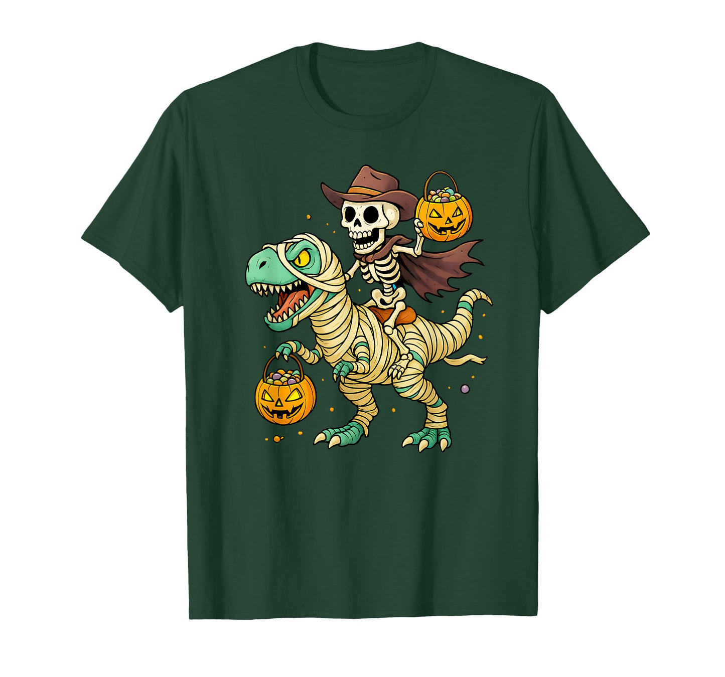 Skeleton Riding Mummy Dinosaur T Rex Kids Boys Men Halloween T-Shirt