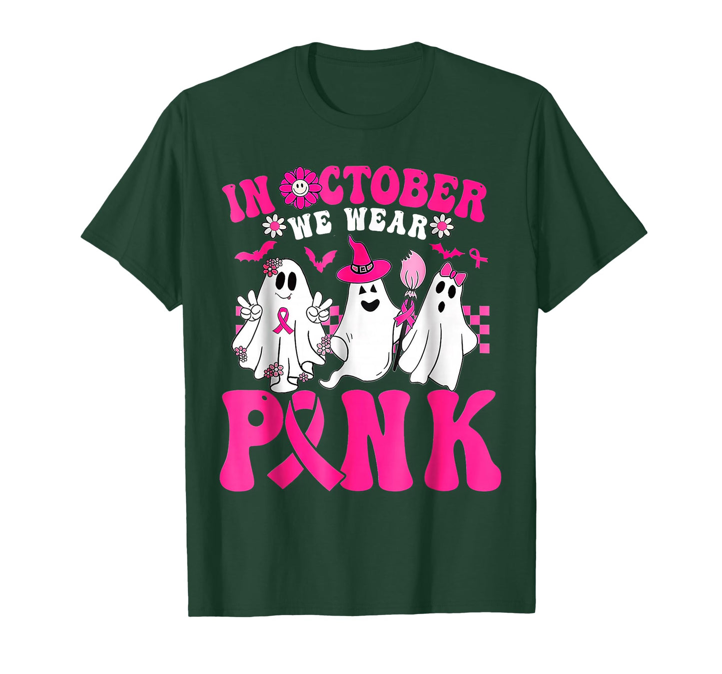 Wear Pink Breast Cancer Warrior Ghost Halloween Groovy T-Shirt