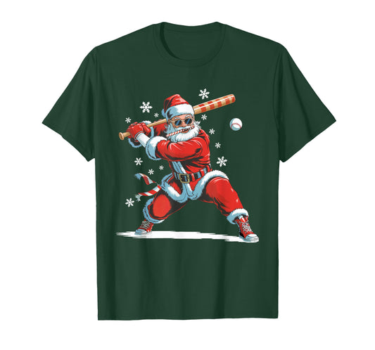 Santa Playing Baseball Christmas Candy Cane Fun Xmas Holiday T-Shirt