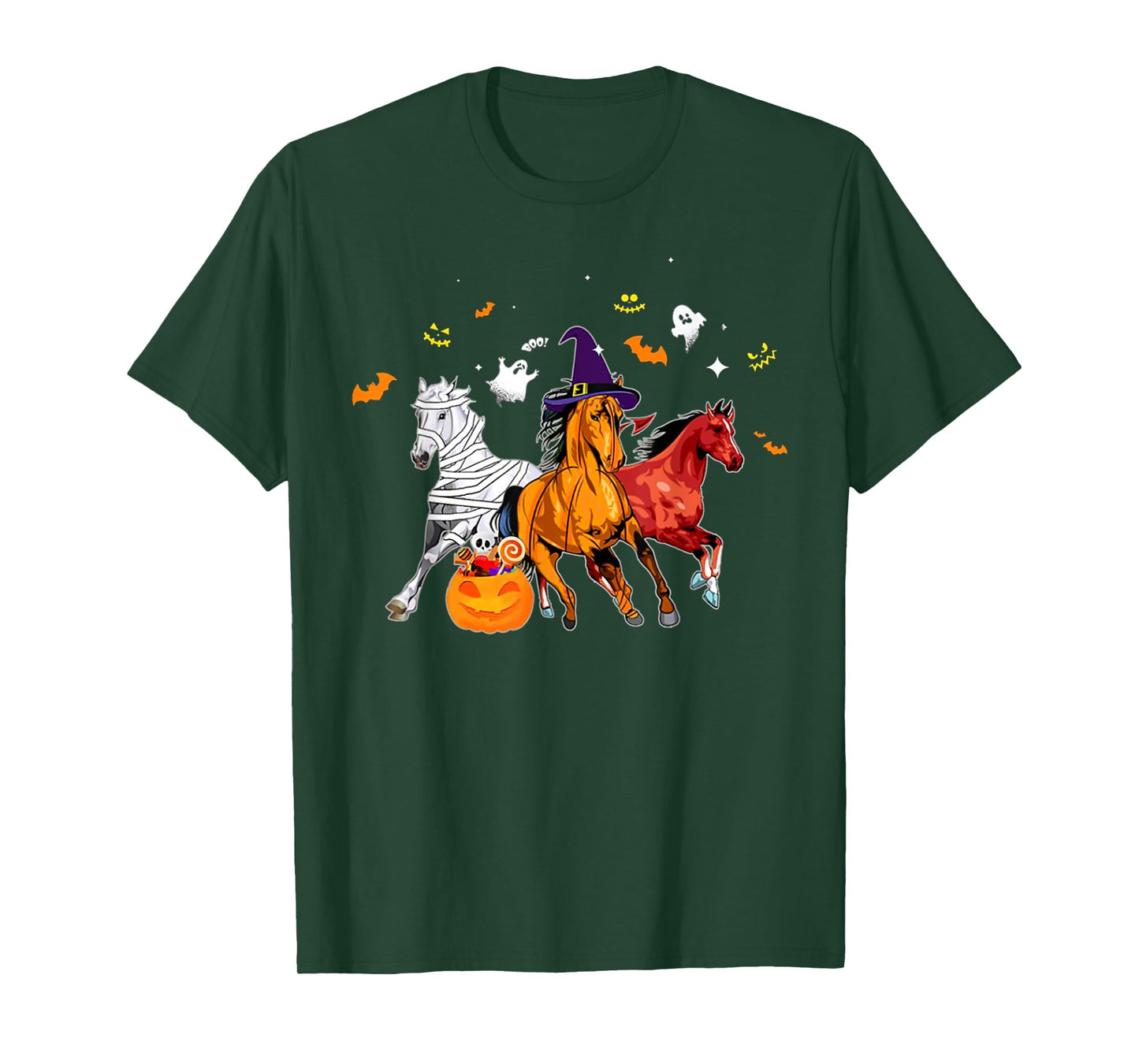 Cute Horse In Halloween Costume Horse Zombie Witch Pumpkin T-Shirt