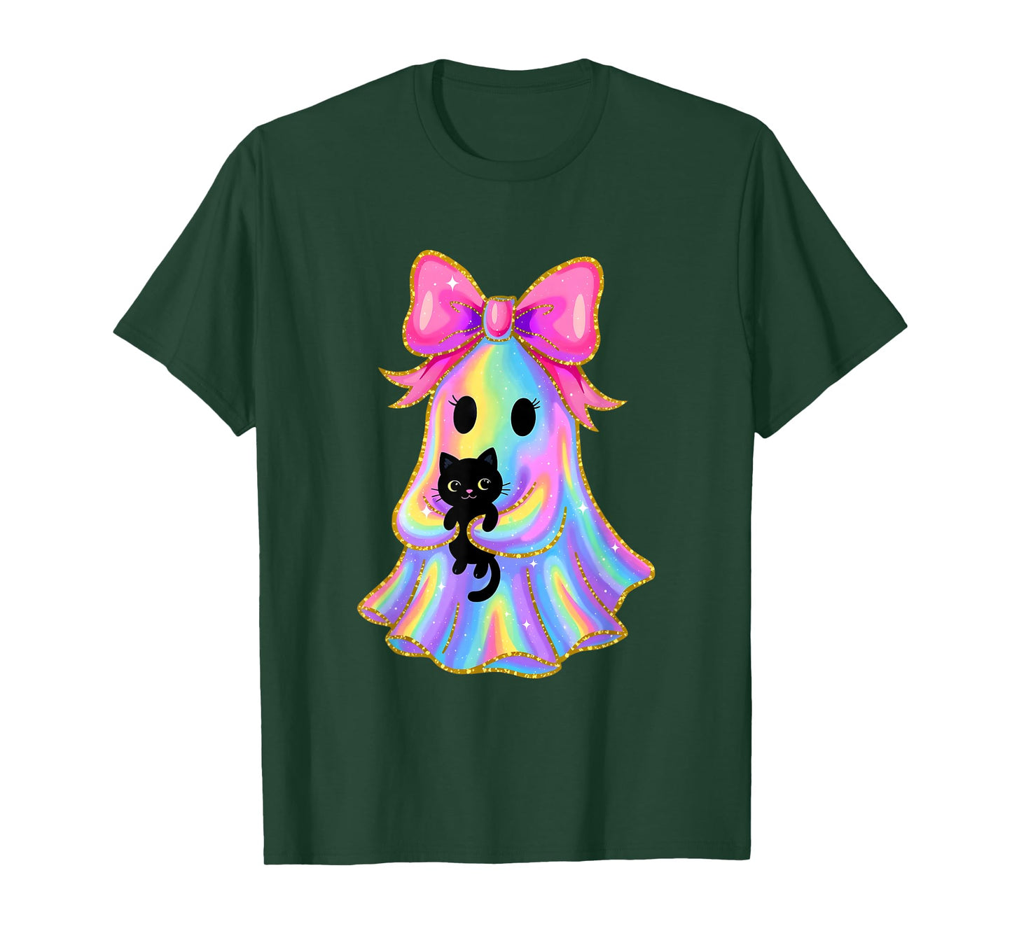 Funny Coquette Bow Halloween Ghost Holding Black Cat T-Shirt