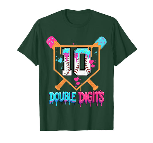 Baseball Drip 10th Birthday Boy Double Digits Ice Cream Drip T-Shirt