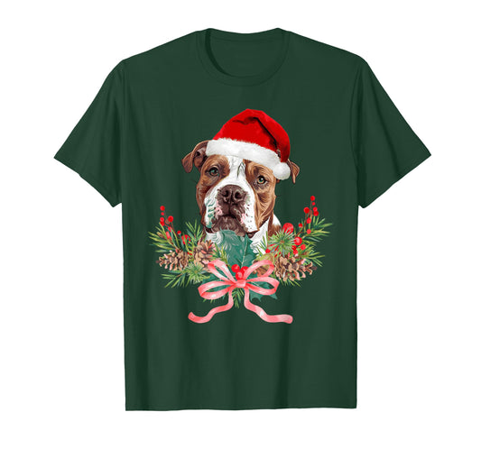 Pitbull Dog Santa Hat Wreath Merry Christmas Pajamas Kids T-Shirt