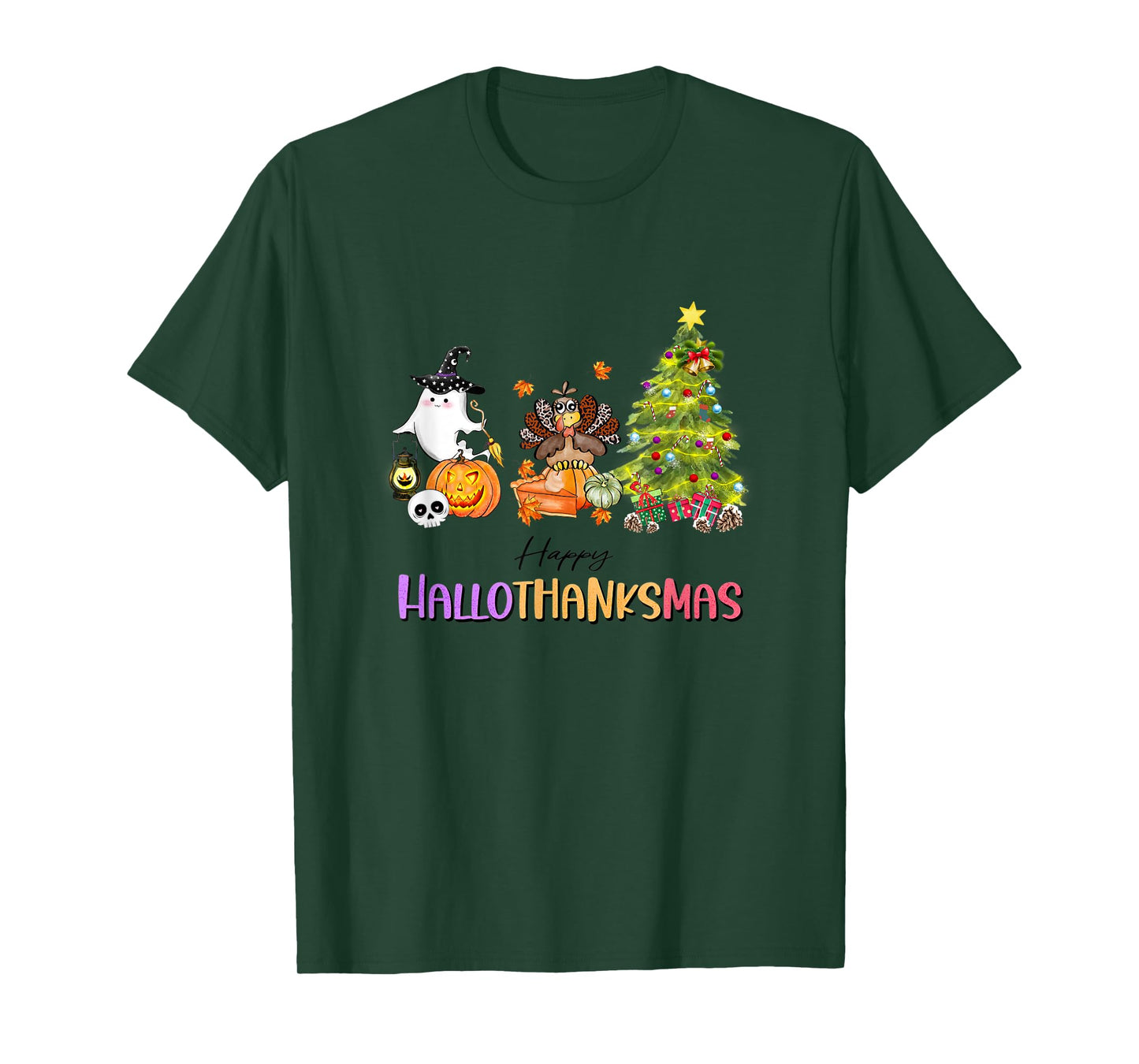 Happy Hallothanksmas Ghost Turkey Christmas Tree T-Shirt