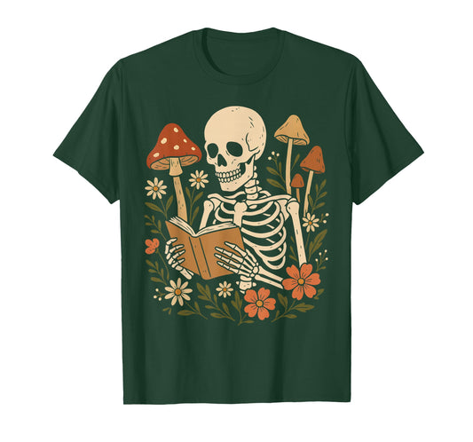 Cottagecore Aesthetic Floral Mushroom Skeleton Reading Books T-Shirt