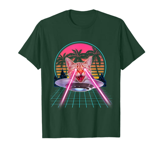 Laser Cat Eyes Kitten UFO Retro 80s Funny Cats Lovers T-Shirt