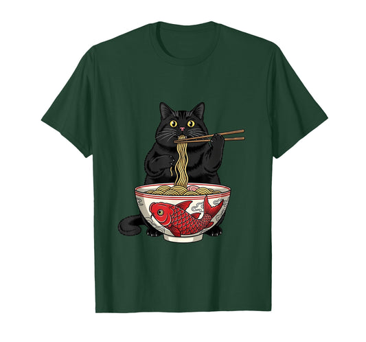 Funny Black Fat Cat Eating Ramen Noodles Anime T-Shirt