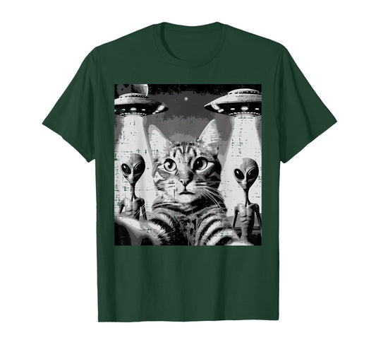 Cat Selfie With Aliens UFO Funny Encounter Men Women Kids T-Shirt