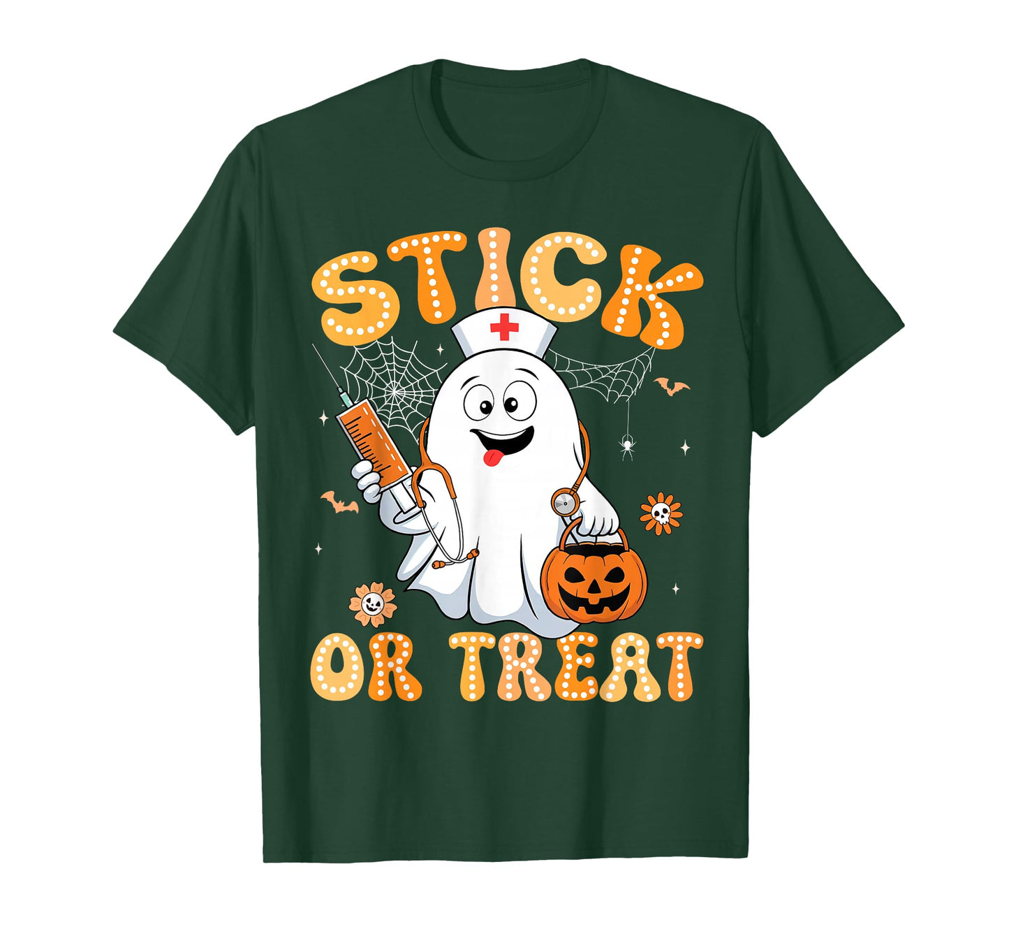 Groovy Stick or Treat Funny Halloween Costume Nurse Women T-Shirt