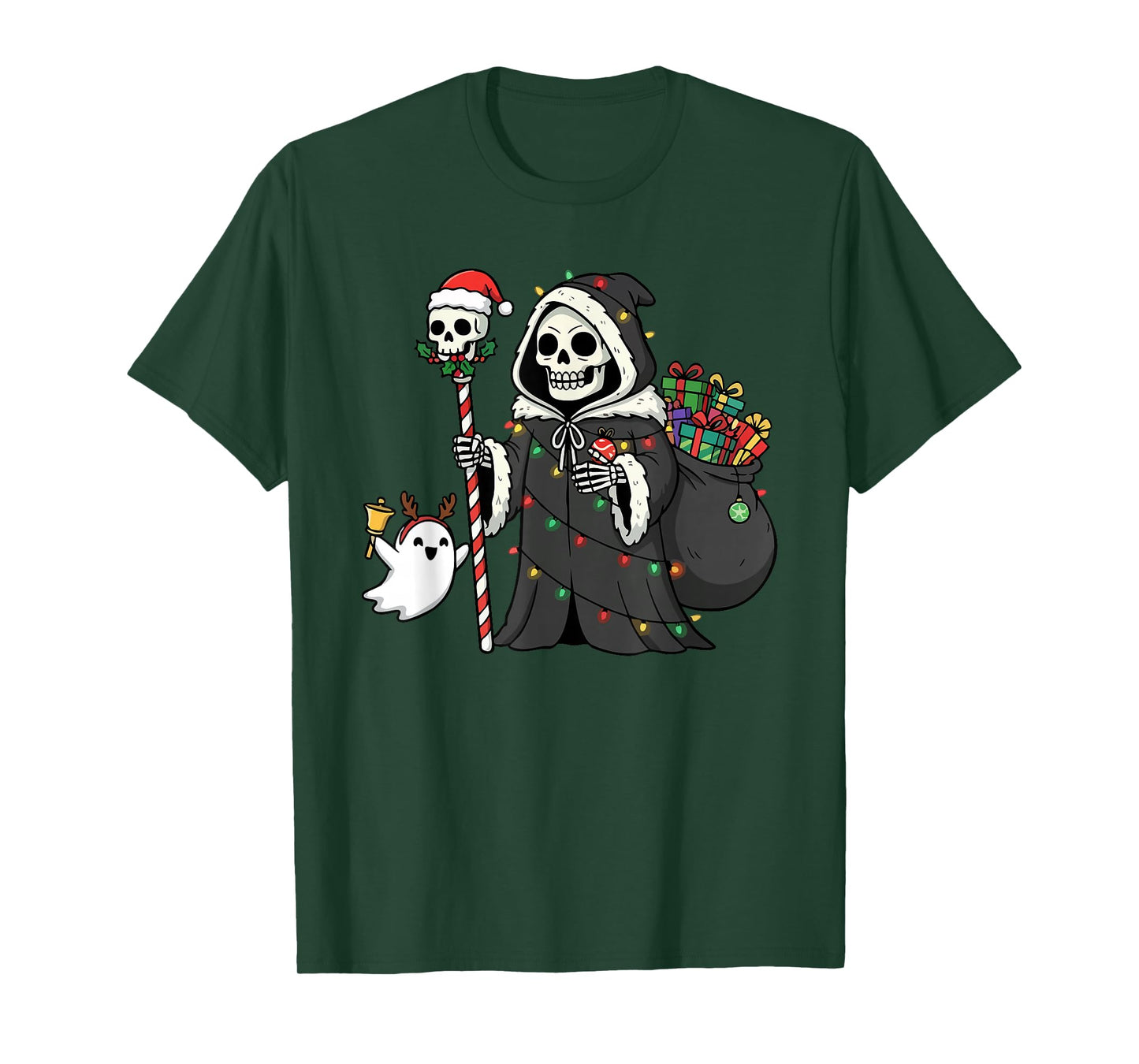 Christmas Skeleton Carrying a Ghost Grim Reaper Presents T-Shirt
