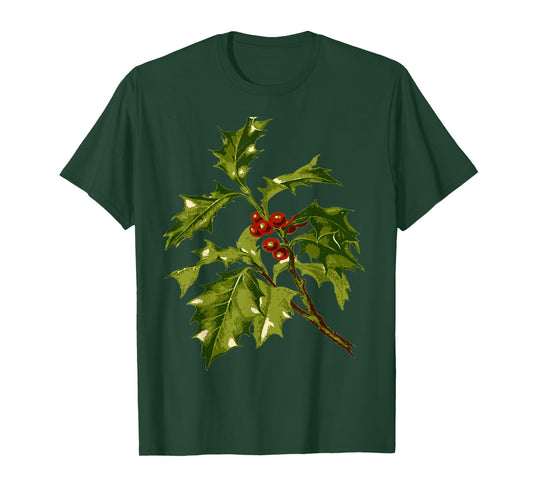 Holly Christmas Red Berry Botanical Art T-Shirt