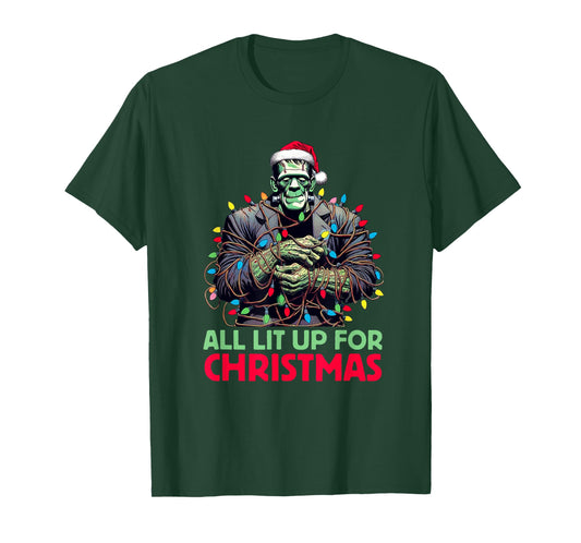 "All Lit Up for Christmas" - Frankenstein's Monster Holiday T-Shirt