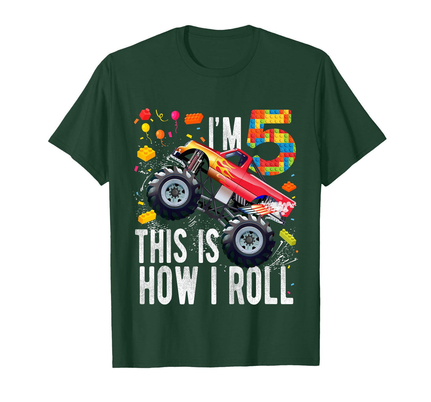Kids 5 Year Old Building Blocks Monster Truck 5th Birthday Boy T-Shirt