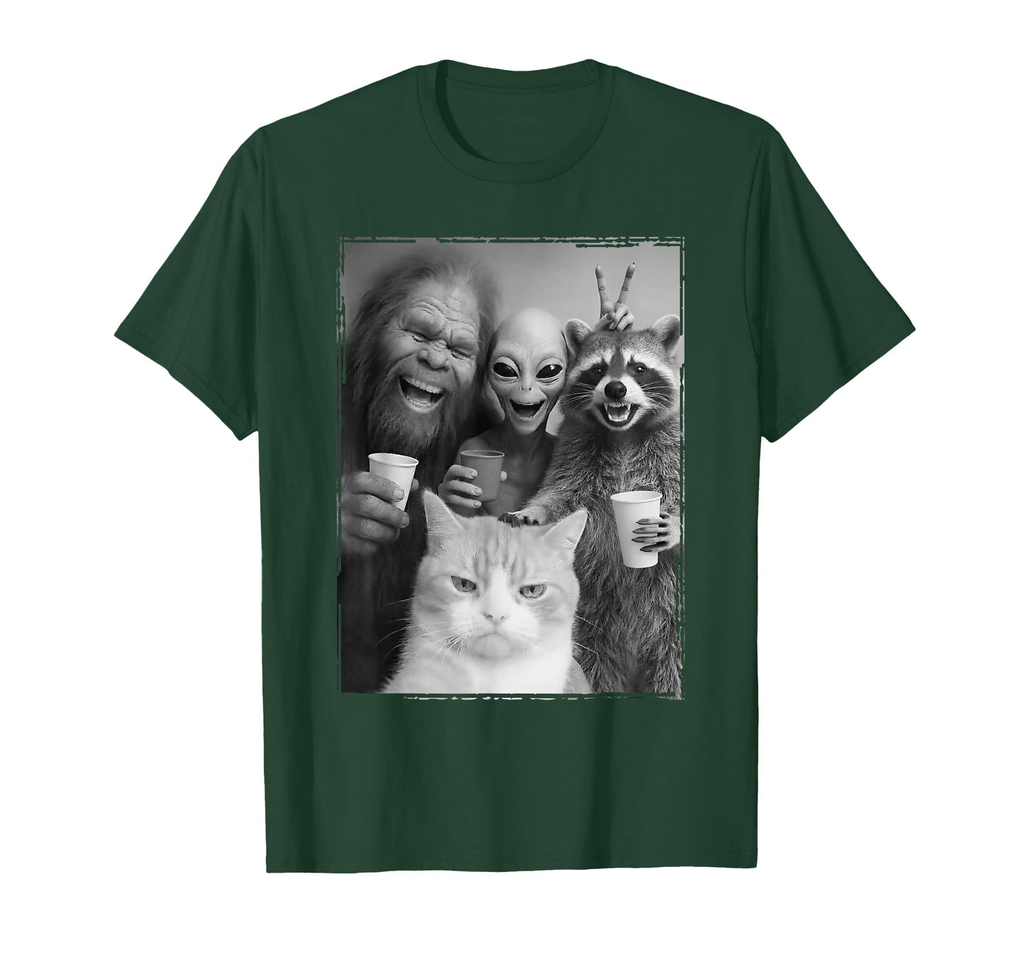 Cat Selfie with Bigfoot, Alien & Racoon | Funny Cat T-Shirt