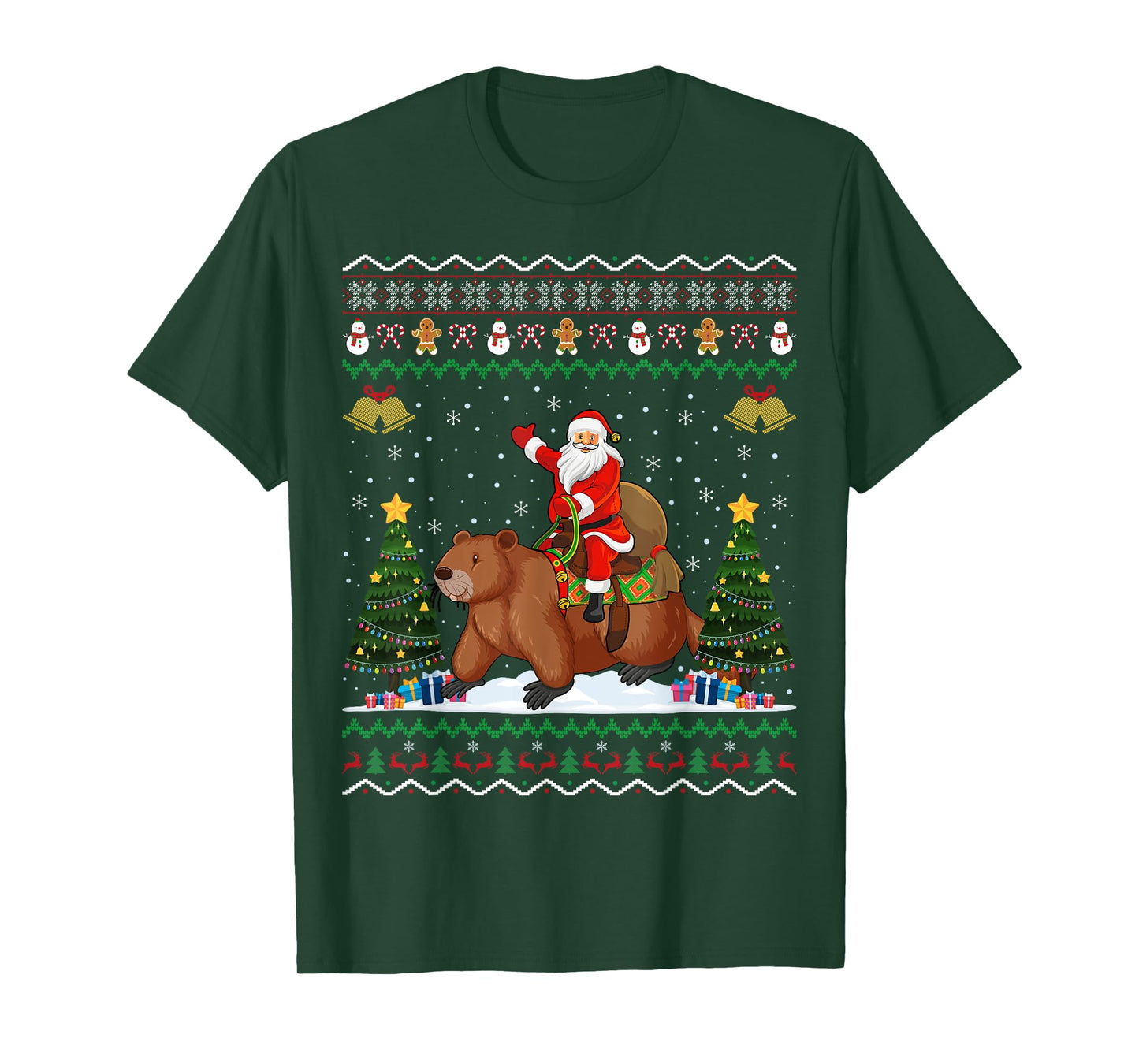 Beaver Ugly Xmas Gift Funny Santa Riding Beaver Christmas T-Shirt