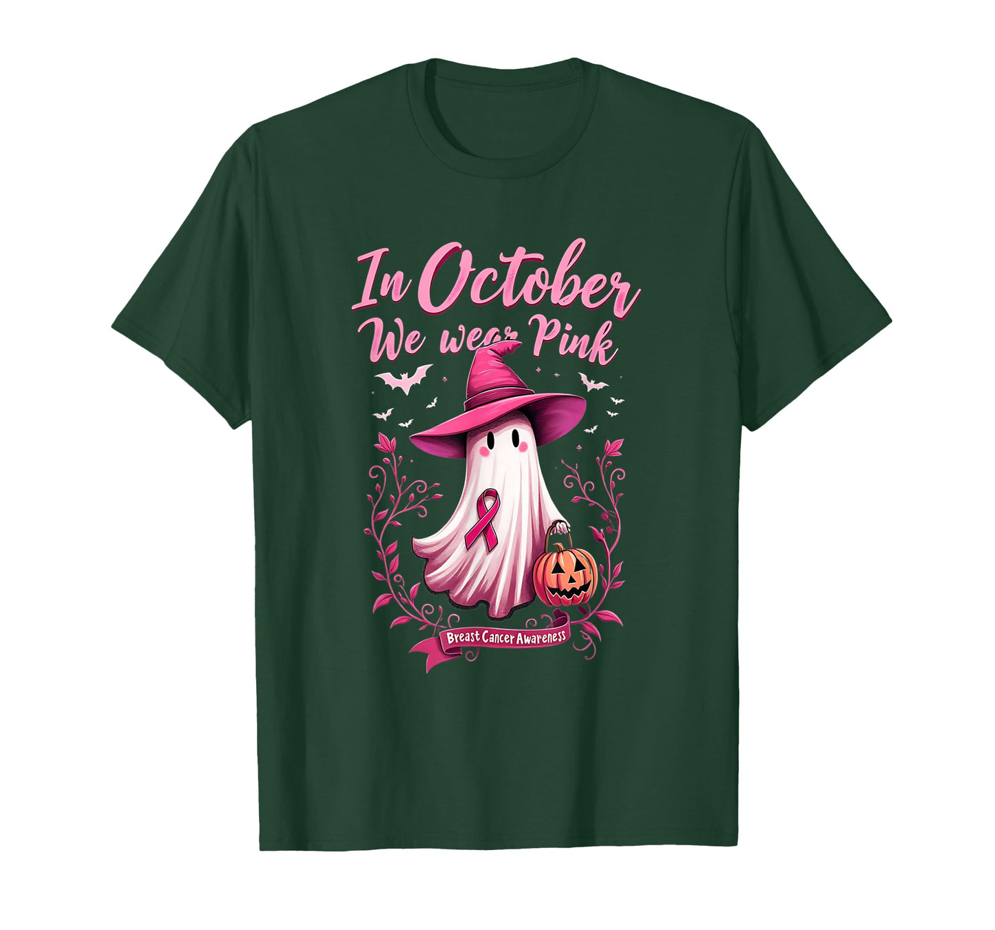 Cute We Wear Pink Ghost Witch Hat Breast Cancer Awareness T-Shirt