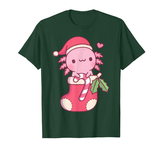 Cute Axolotl Holding Candy Cane In A Christmas Stocking Kids T-Shirt