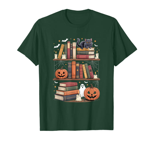 Haunted Bookshelf with Cat Pumpkins and Ghost T-Shirt