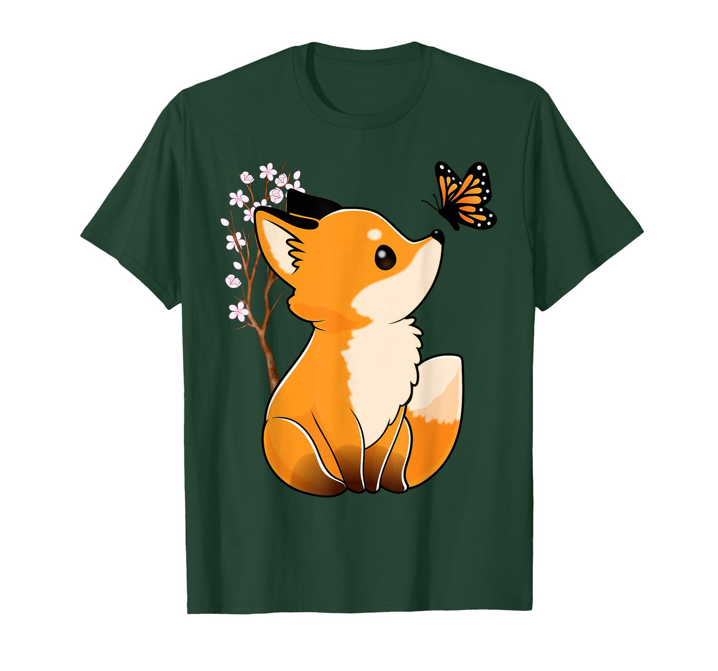 Fox and Butterfly Cute Fox Japanese Cherry Blossom Flower T-Shirt
