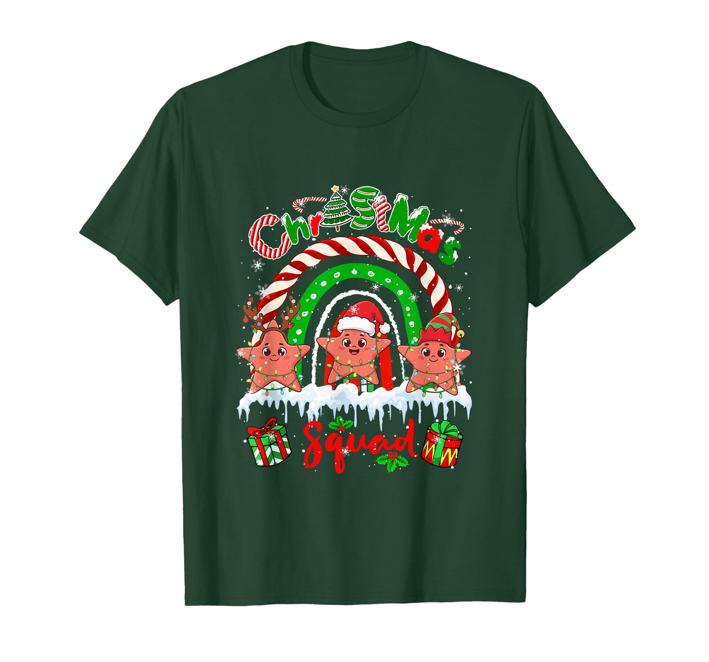 Christmas Squad Three Santa Starfishes Rainbow Candy Canes T-Shirt
