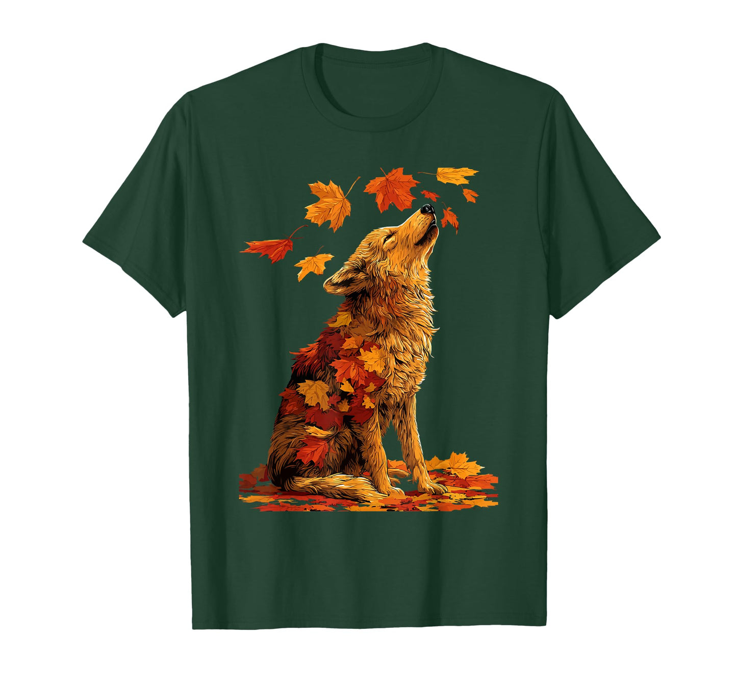 Cute Wolf with Fall Leaves Forest Animal Autumn Aesthetic T-Shirt