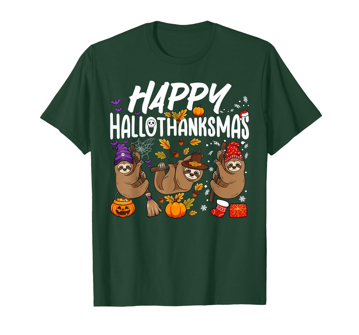 Happy HalloThanksMas Halloween Thanksgiving Christmas Sloth T-Shirt