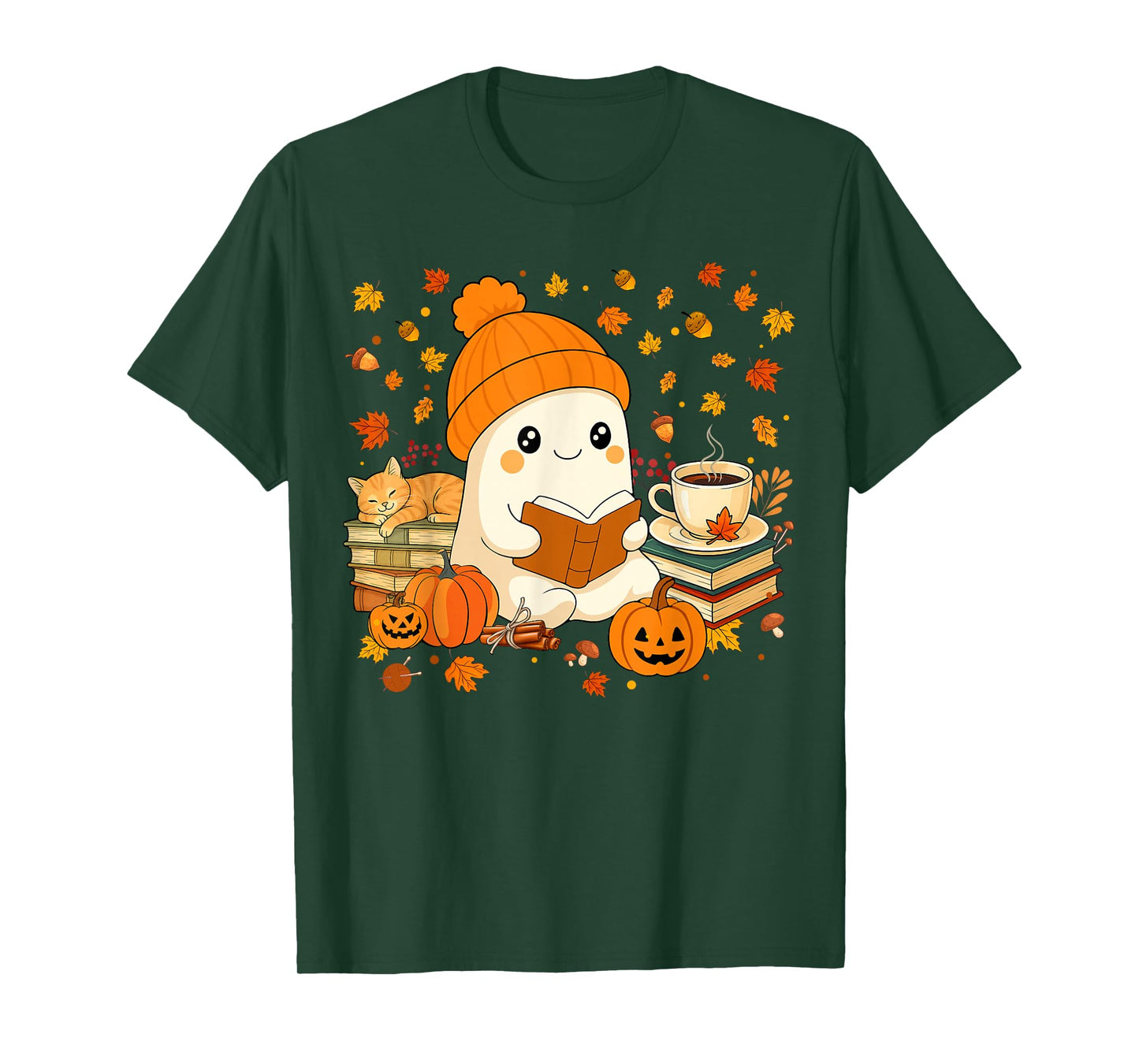 Ghost Reading Book Pumpkin Coffee Autumn Leaves Thanksgiving T-Shirt