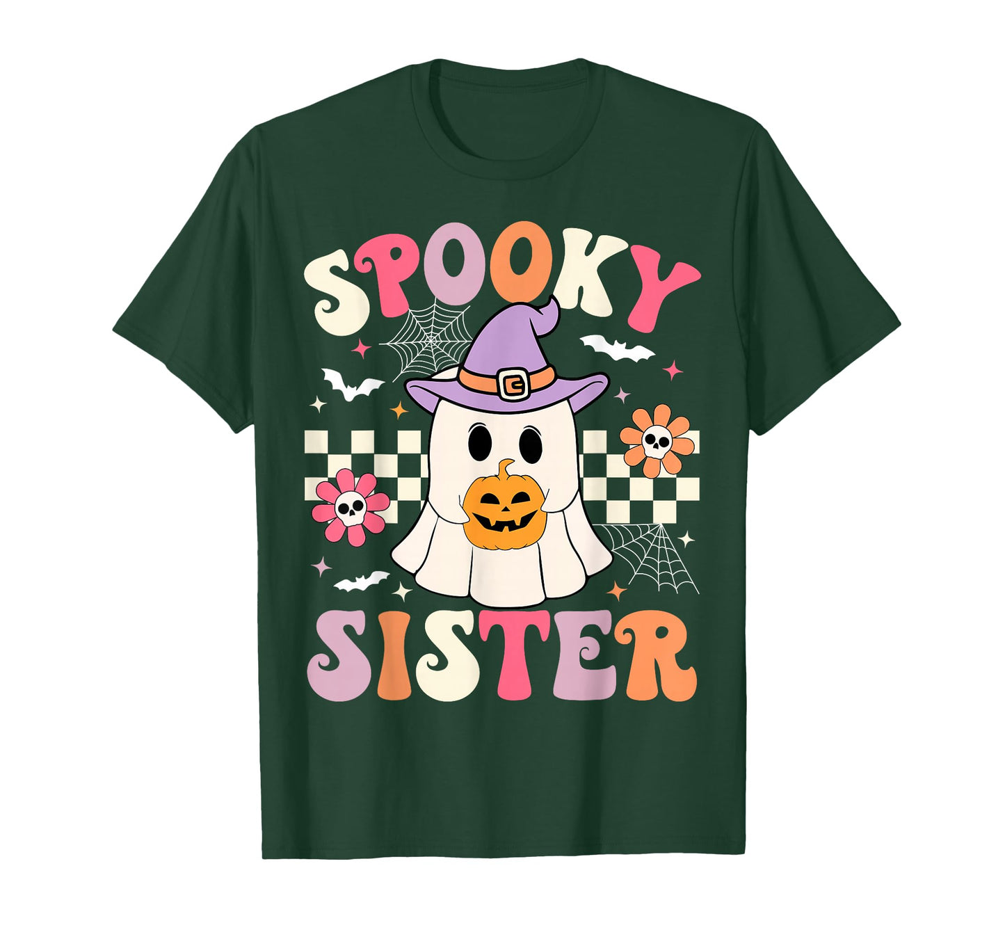 Groovy Spooky Sister Retro Ghost Holding Pumpkin Halloween T-Shirt