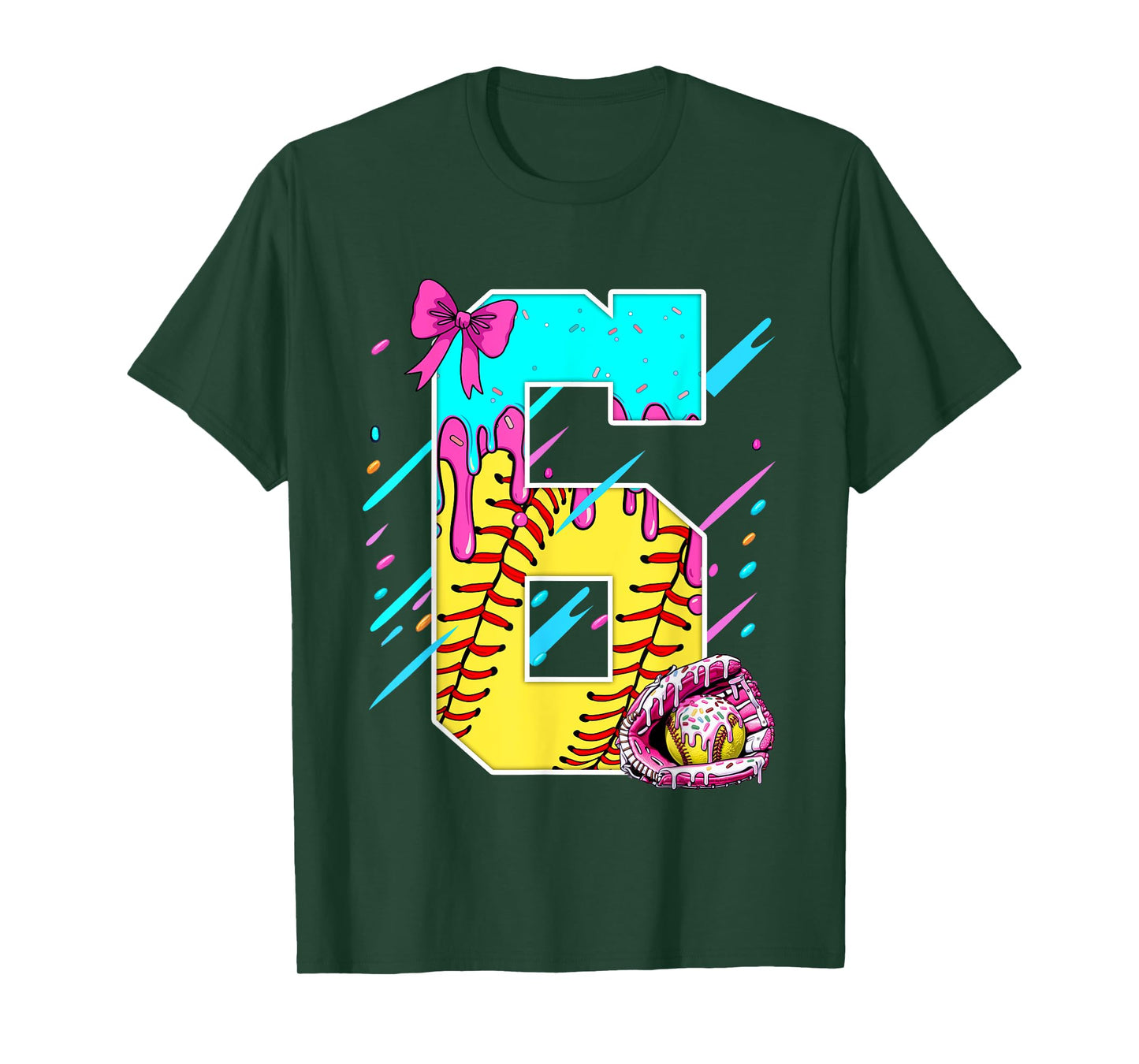 6th Birthday Softball Ice Cream Drip Bow 6 Years Kids Gift T-Shirt