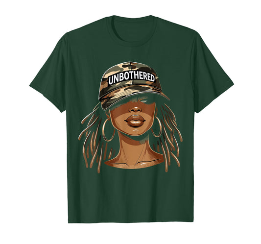 Unbothered Black Woman with Cap Camo Afro T-Shirt
