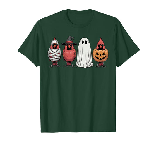 Spooky Ghost Red Cardinal Bird Pumpkin Halloween Skeleton T-Shirt
