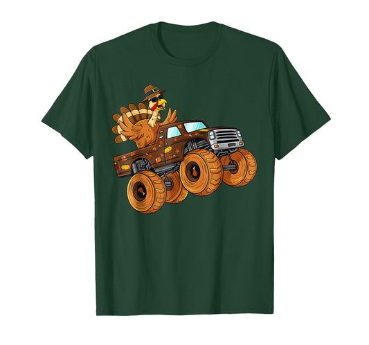 Turkey Pilgrim Riding Monster Truck Thanksgiving Boys Kids T-Shirt
