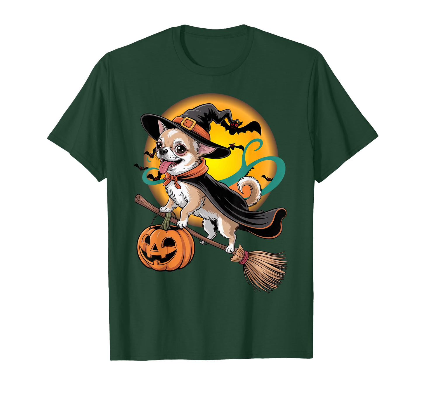 Funny Chihuahua Dog Witch On Broomstick Pumpkin Halloween T-Shirt