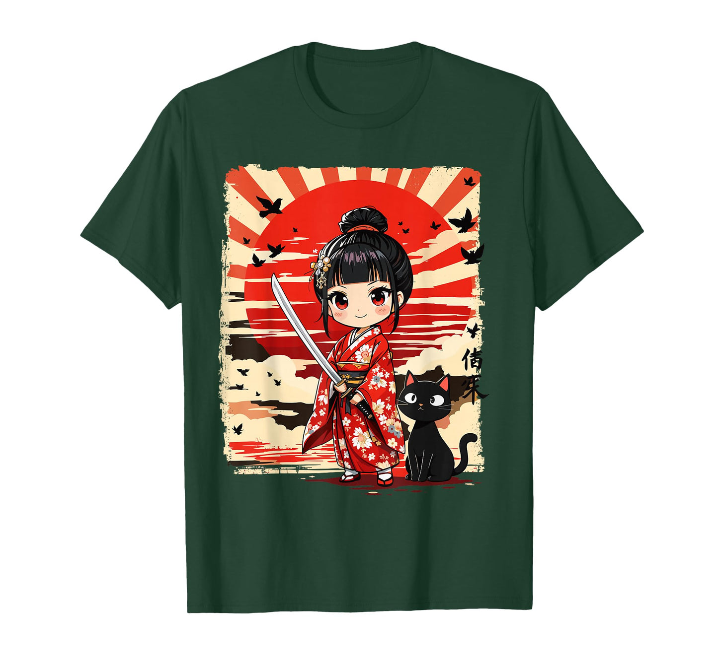 Cute Kawaii Samurai Girl and Cat Japanese Anime Kids Girls T-Shirt