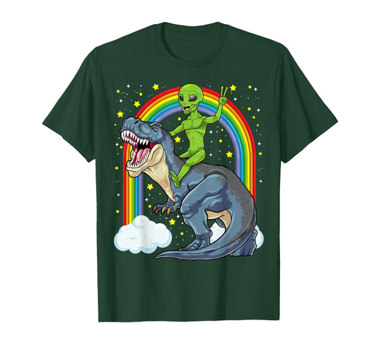 Alien Riding Dinosaur T Rex UFO Space Extraterrestrial Kids T-Shirt