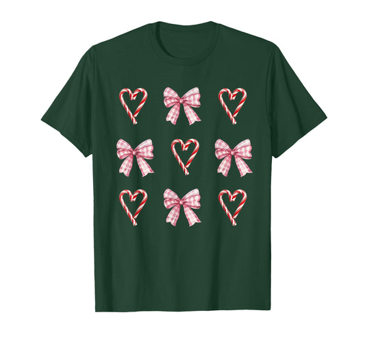 Heart Candy Cane Pink Bow Christmas T-Shirt