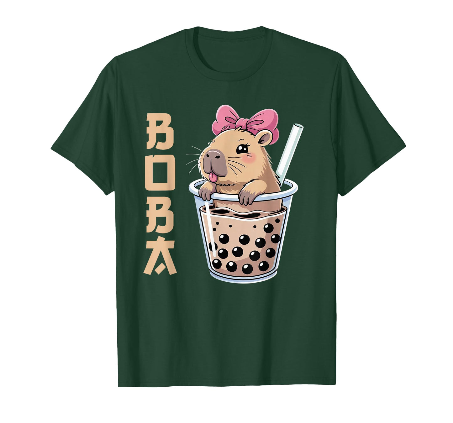 Kawaii Anime Capybara Drinking Boba Tea Pink Coquette Bow T-Shirt