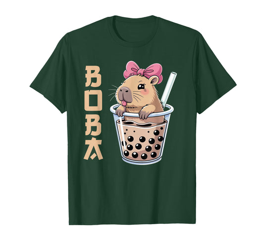 Kawaii Anime Capybara Drinking Boba Tea Pink Coquette Bow T-Shirt