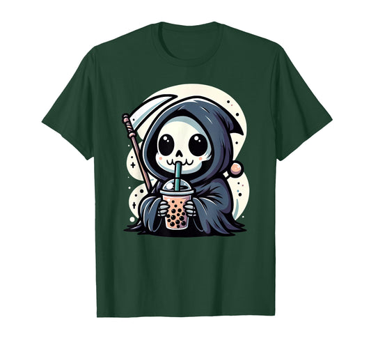 Kawaii Grim Reaper Drink Boba Tea Skeleton Skull Pastel Goth T-Shirt
