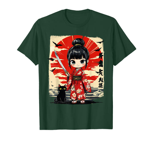Cute Kawaii Samurai Girl and Cat Japanese Anime Kids Girls T-Shirt
