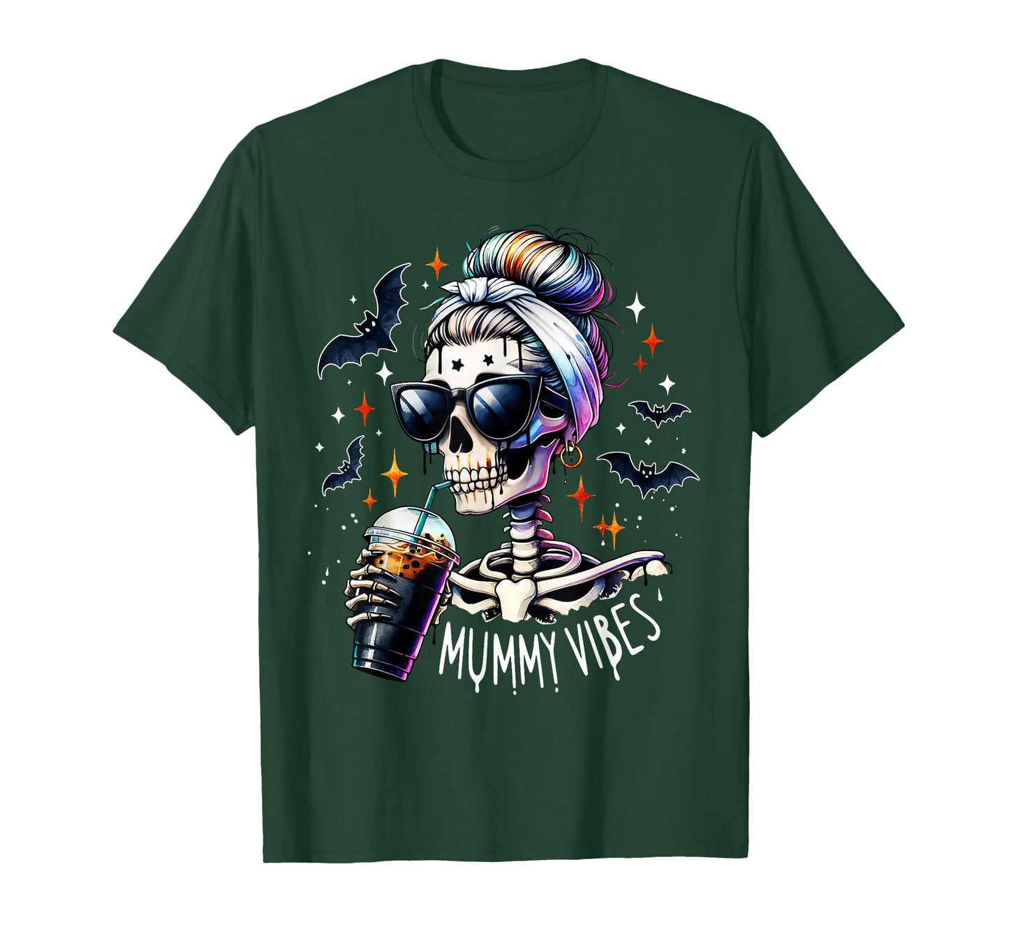 Mummy Vibes Skeleton Coffee Mom Spooky Season Halloween T-Shirt